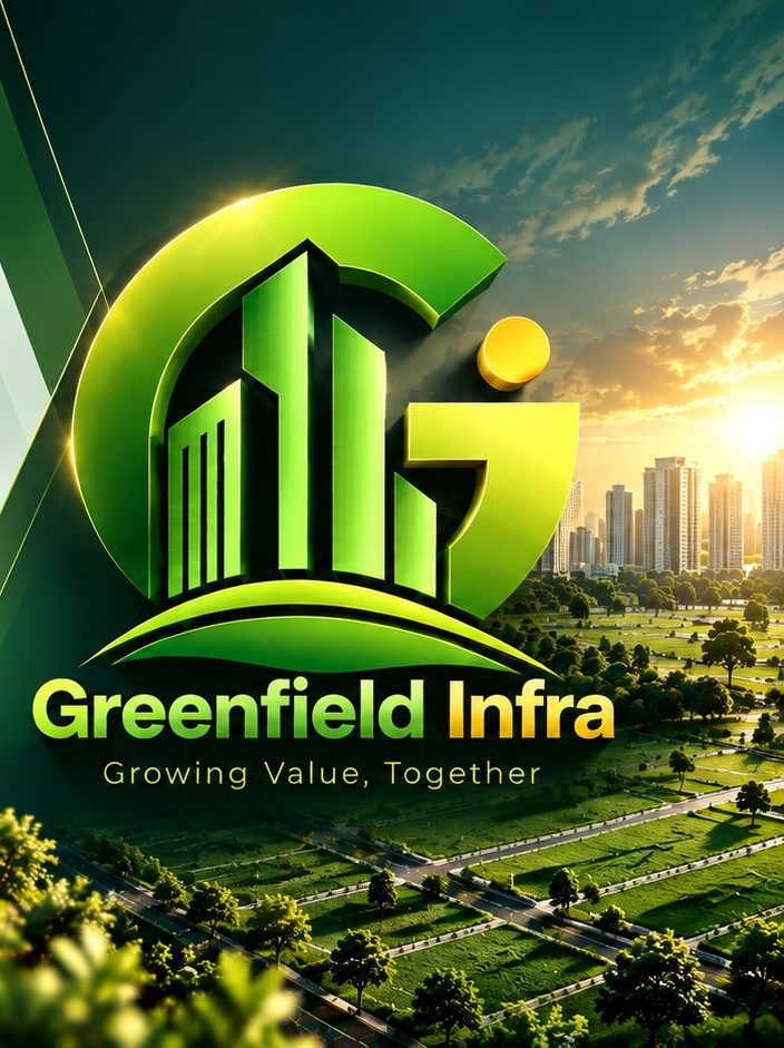 The Greenfield Infra emblem rising over freshly plotted land at sunrise