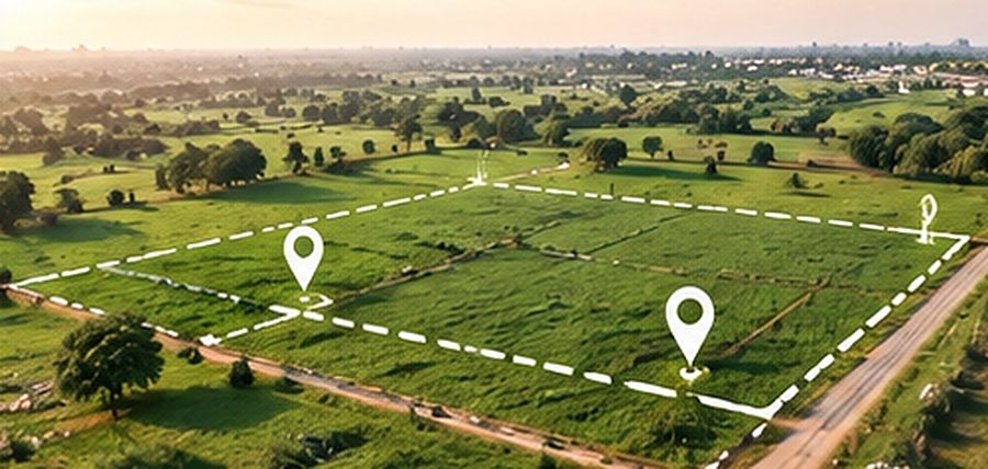 Aerial view of open land marked out for acquisition