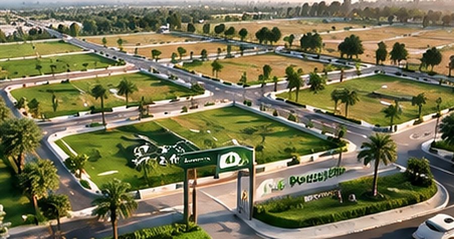 A gated plotted development with roads and landscaping
