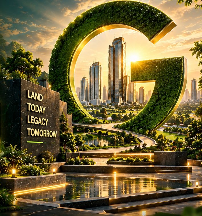 A living-hedge Greenfield emblem framing a city skyline at sunset