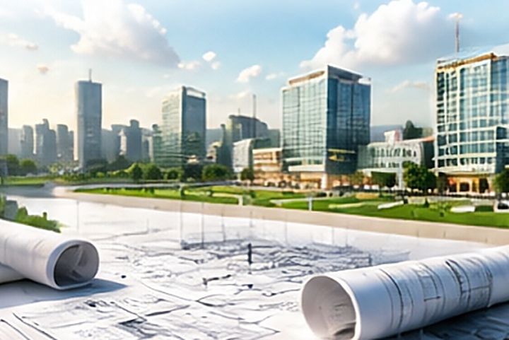 Architectural drawings with a city skyline behind