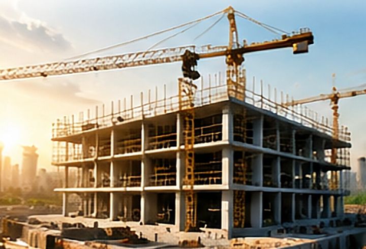 A building under construction with tower cranes