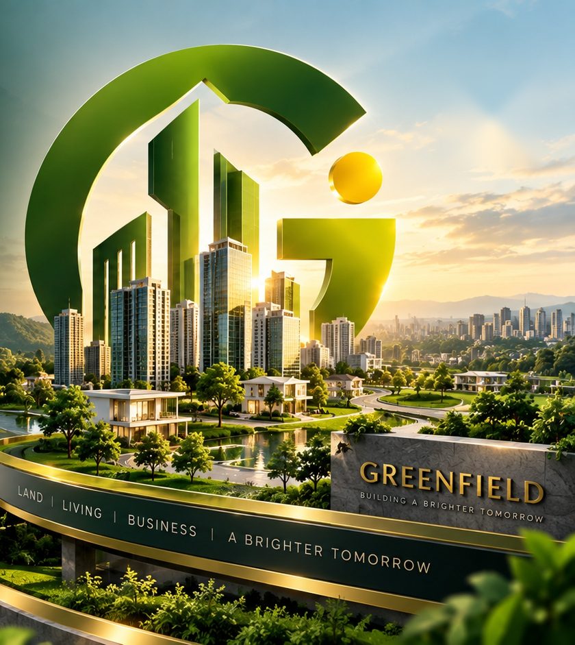 A green township of towers, villas and lakes framed by the Greenfield emblem